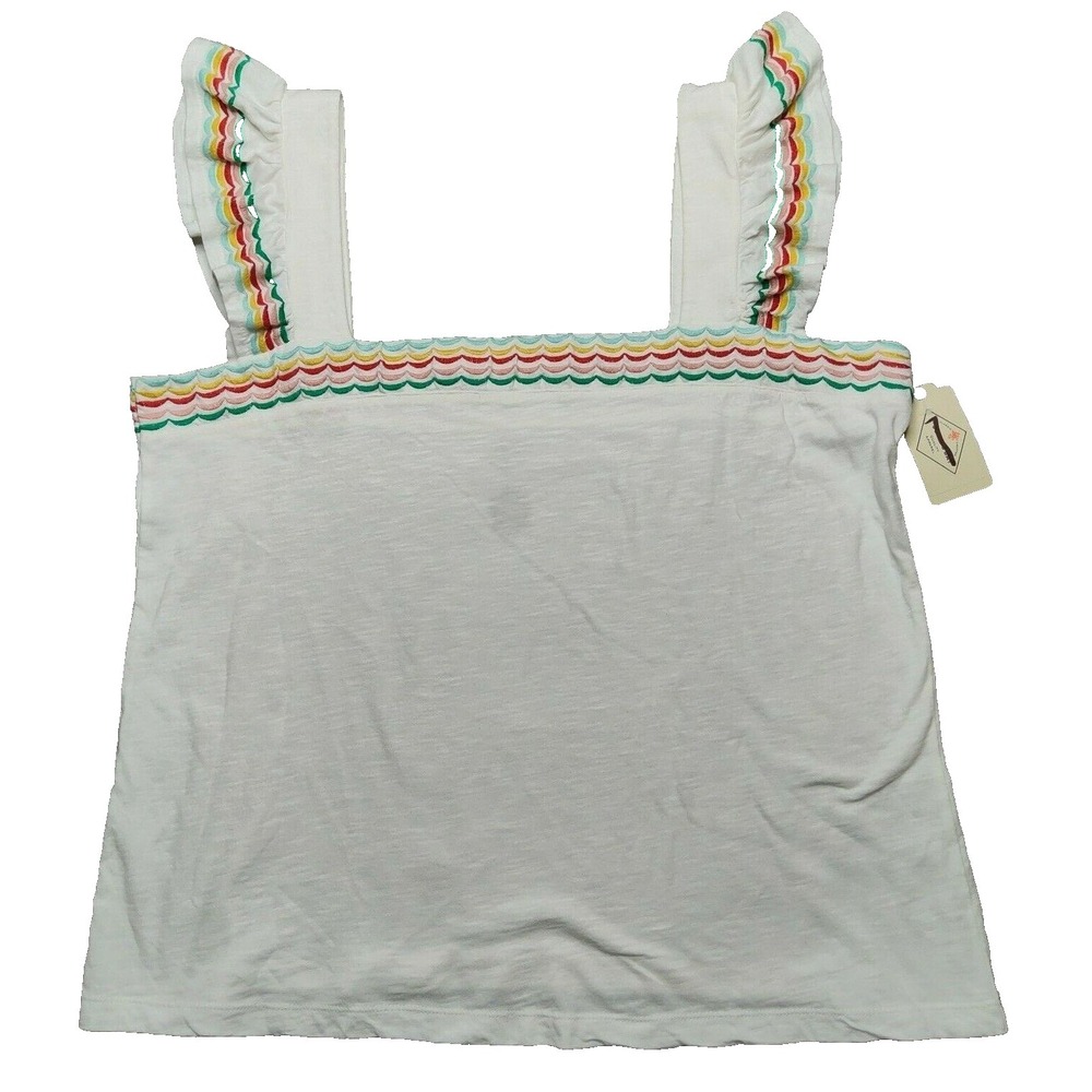 St Johns Bay Women Large White Multi Color Ruffles Sleeveless Top NEW‎